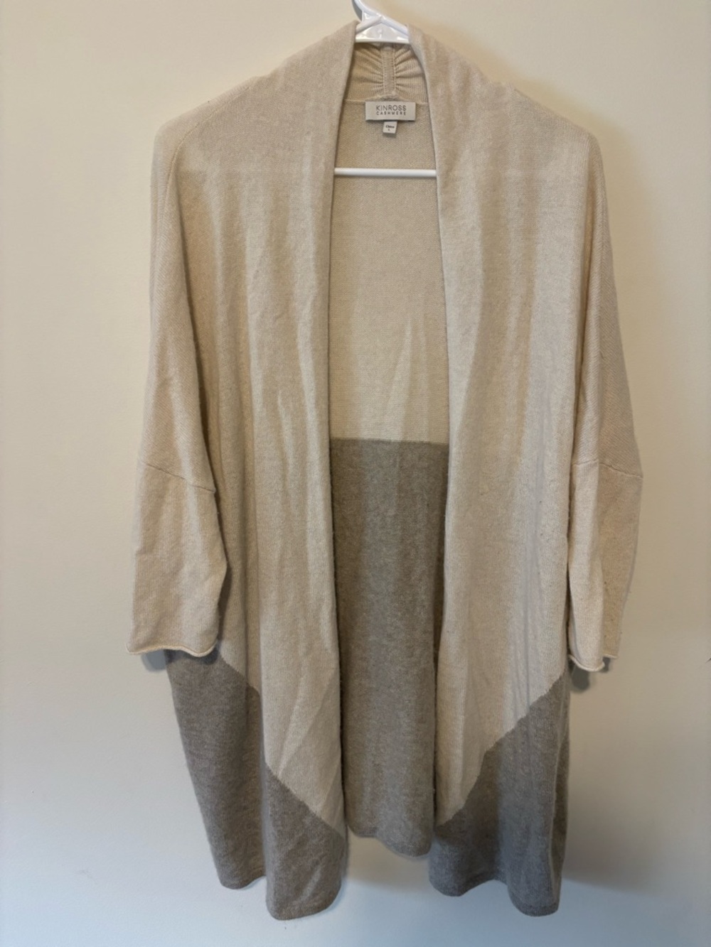 Kinross Two-Tone Open Cardigan - Cream & Taupe 100% Cashmere Size Large
